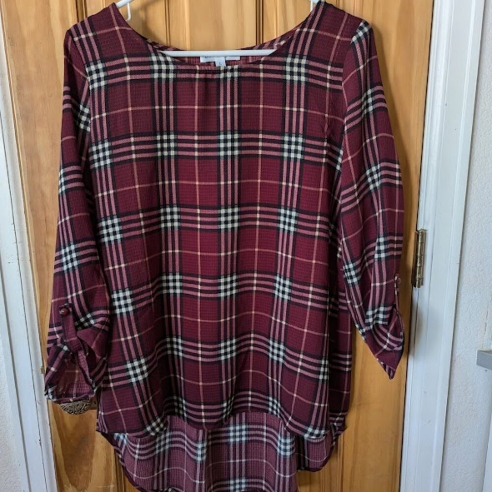 Plaid, burgandy blouse
